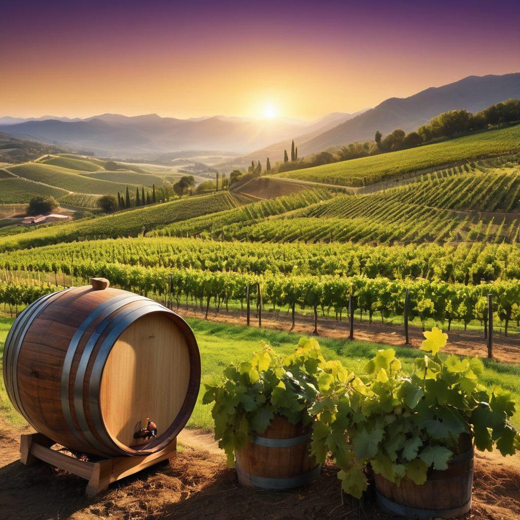 A picturesque vineyard at sunset, with rolling hills and lush grapevines. In the foreground, a diverse group of people happily participating in a winemaking workshop, examining grapes and trying wine. Include a wine barrel, glasses filled with different wines, and a backdrop of mountains. The scene should radiate warmth and community, evoking a sense of learning and appreciation for wine. vibrant colors. super-realistic.
