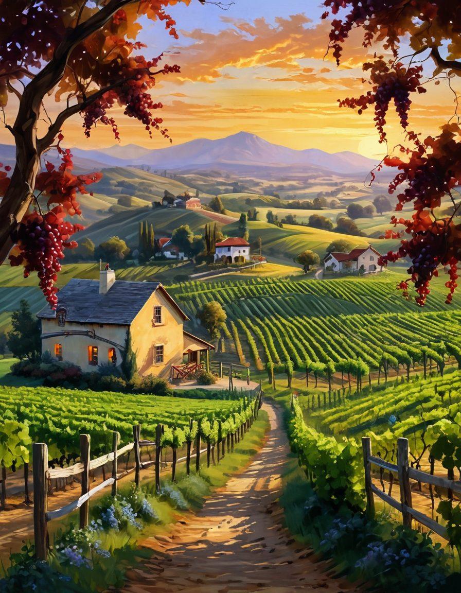 A picturesque vineyard landscape at sunset, with rolling hills covered in lush grapevines, an inviting path winding through the rows. Include a wine enthusiast holding a glass of red wine, admiring the scenery. Add a rustic wooden signpost labeled 'Explore the Vineyard' and clusters of ripe grapes dangling from the vines. Artistic flair with soft, warm lighting and a dreamy atmosphere. painting. vibrant colors.