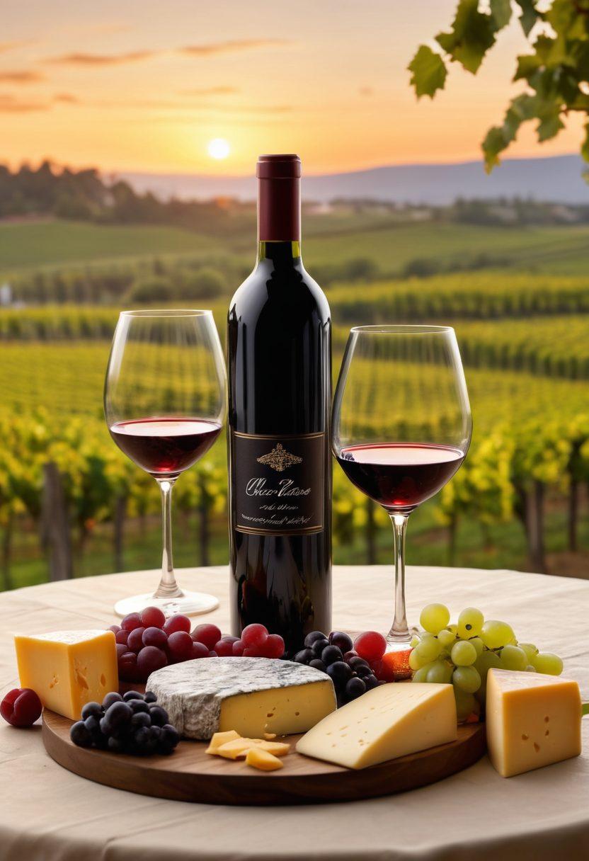 A beautifully arranged table featuring an elegant wine bottle, two crystal glasses filled with deep red wine, and a variety of gourmet cheese and fruit pairings. Soft candlelight creates a warm ambiance, with a blurred background of a vineyard at sunset. This scene should evoke a sense of sophistication and enjoyment in wine tasting. super-realistic. vibrant colors. warm tones.